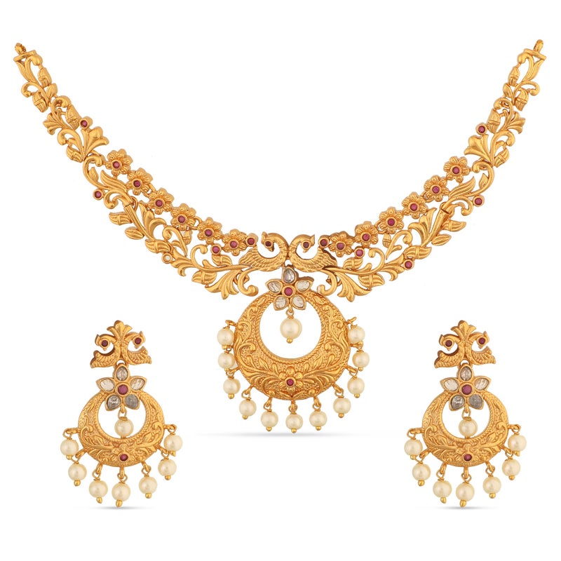 TARINIKA Antique Gold Plated Chahel Short Necklace Set with Peacock Design - Indian Jewelry Sets for Women | Perfect for Casual Occasions | Traditional Indian Jewelry set | 1 Year Warranty* - Image 1